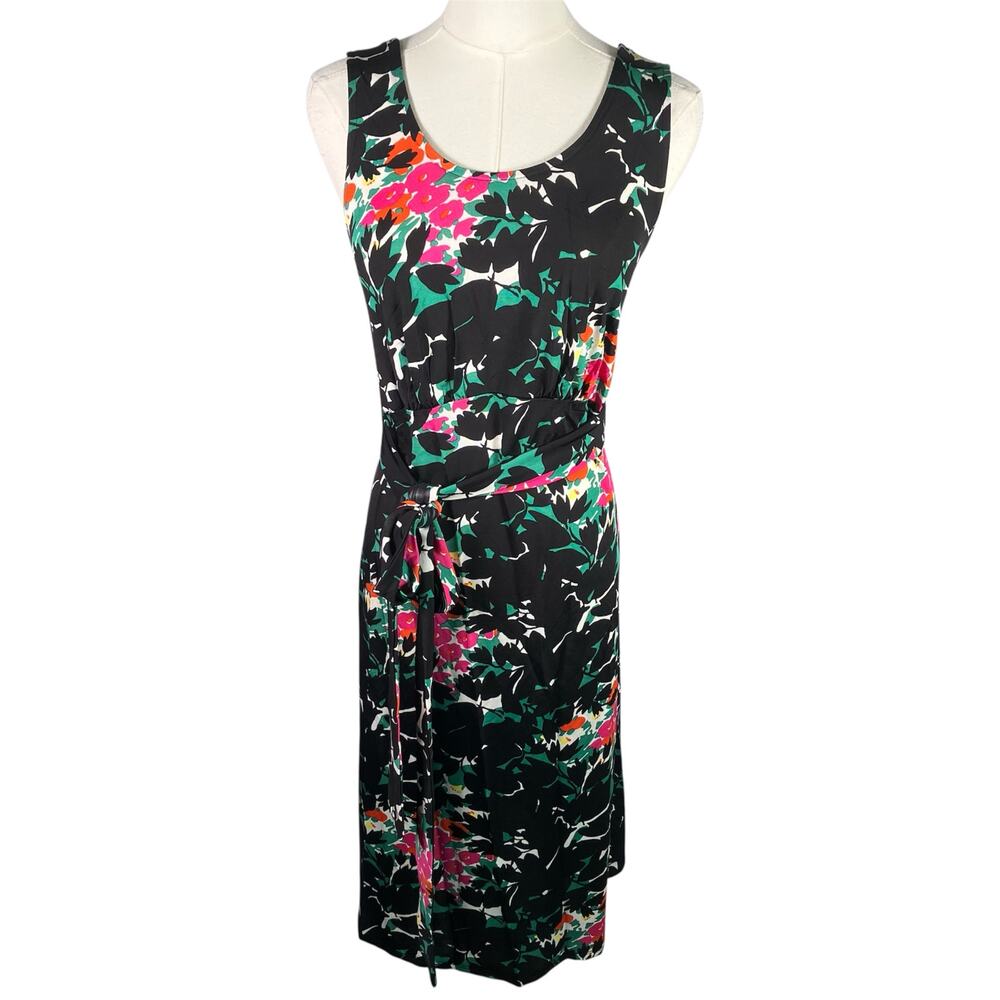Leota Sleeveless Floral Belted Midi Dress Black Pink Green M Made in USA Stretch